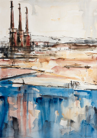 Chimeneas de Sant Adrià Watercolour Paper Marine Painting