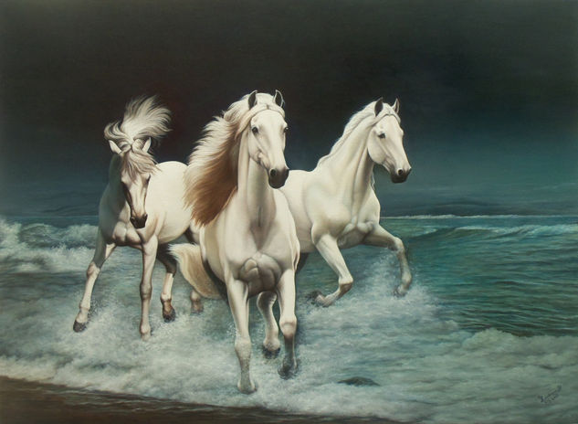 CABALLOS BLANCOS EN EL MAR DE LOS ENSUEÑOS Oil Canvas Landscaping