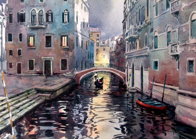 VENECIA NOCTURNO Acuarela Papel Paisaje