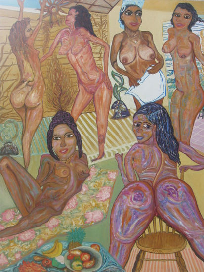 Mujeres Caribeñas-Pose Erotica- Óleo Lienzo Figura