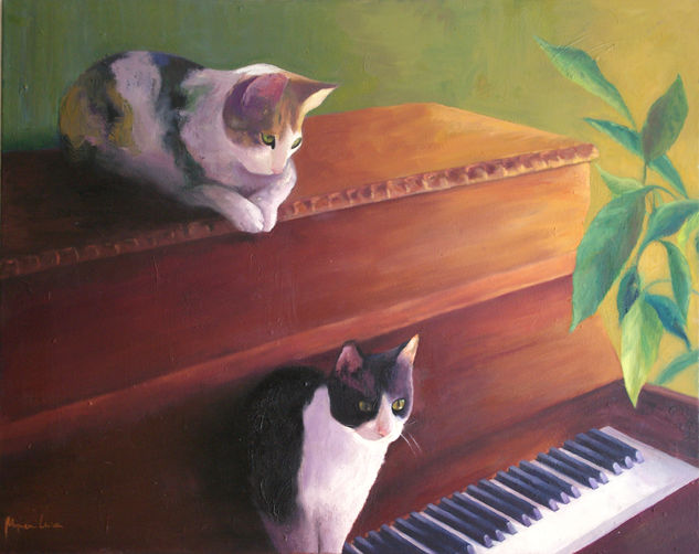 gatos sobre el piano Óleo Lienzo Animales