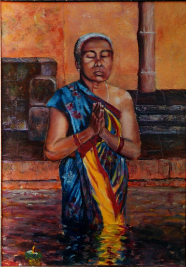 ORACIÓN EN AGUAS DEL GANGES Acrylic Canvas Portrait