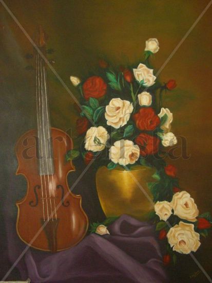 "Violín con rosas" Óleo Lienzo Bodegones