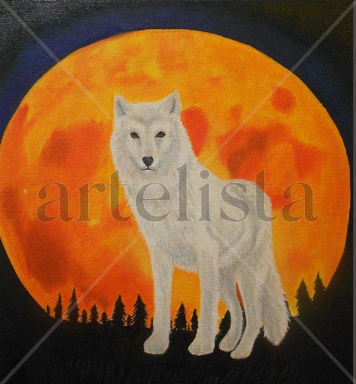 full moon white wolf Mixed media Canvas Animals