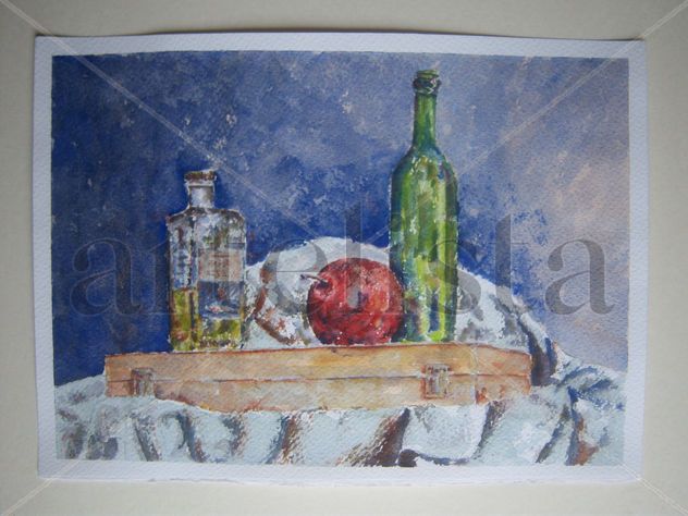 Manzana,caja y botellas