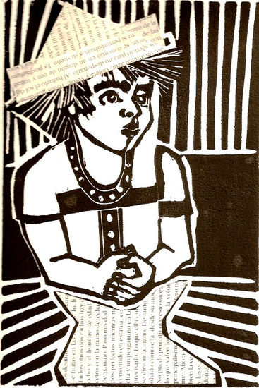 ANGEL WITH PAPER HAT, 2005 Xilografía