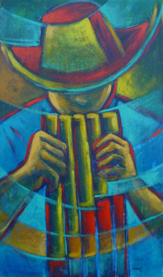 'El Músico de Fuego' Acrylic Canvas Figure Painting