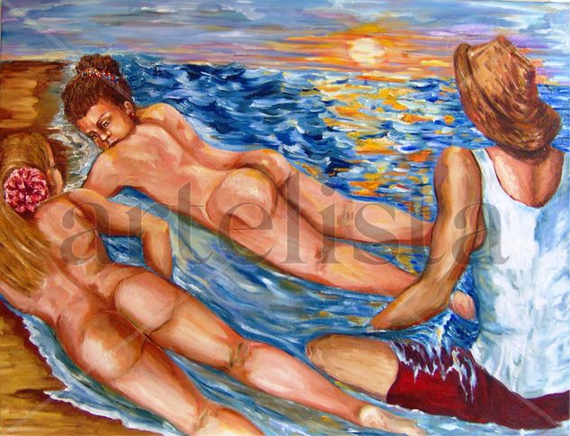 ATARDECER EN LA PLAYA Oil Canvas Figure Painting